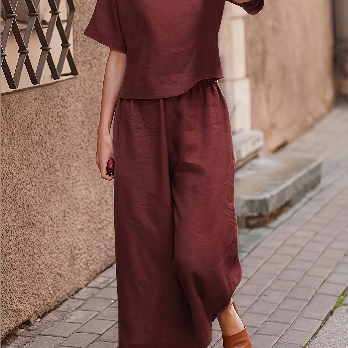 Solid Two-piece Set, Crew Neck Casual T-Shirt & Wide Leg Pants, Women??s Clothing - Image 5