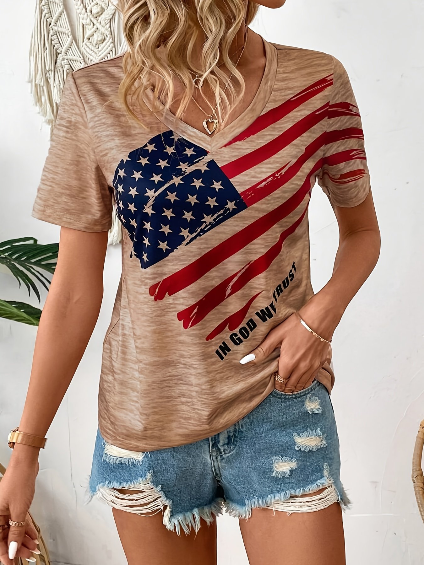 American Flag Print V Neck T-shirt, Short Sleeve Casual Top For Spring & Summer, Women??s Clothing - Image 5