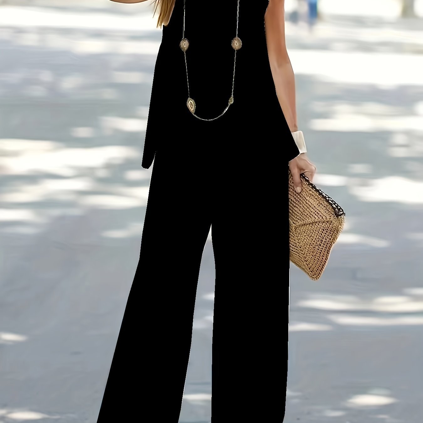 Solid Matching Two-piece Set, Casual Sleeveless Tank Top & Loose Pants Outfits, Women??s Clothing - Image 2