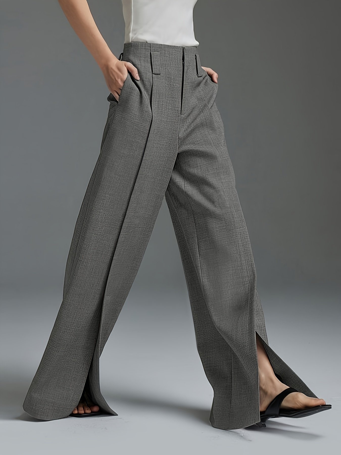 Solid Color Wide Leg Pants, Casual Split Hem Loose Suit Pants For Spring & Summer, Women??s Clothing - Image 5