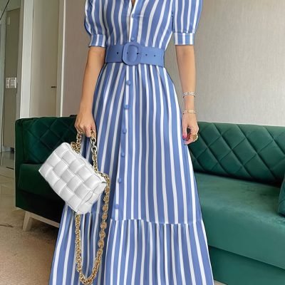 Elegant Striped Lace Up Long Dress, Short Sleeve V-neck Swing Belt Summer Long Dresses, Women??s Clothing