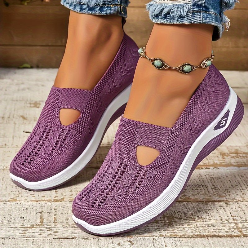 Women??s Solid Color Sneakers, Breathable Knit Slip On Outdoor Shoes, Lightweight Low Top Shoes - Image 14