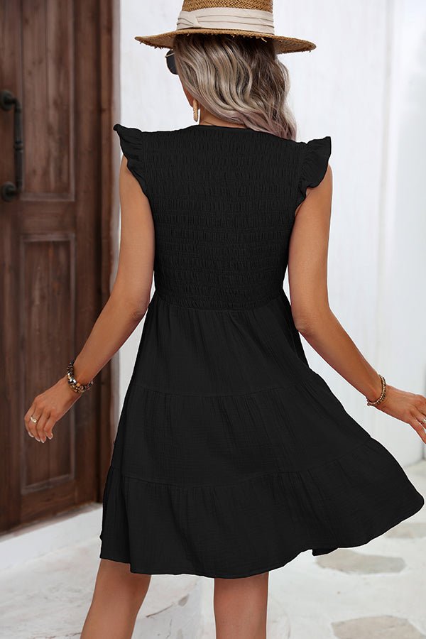 V Neck Solid Smocked Ruffle Hem Mini Dress - Image 5