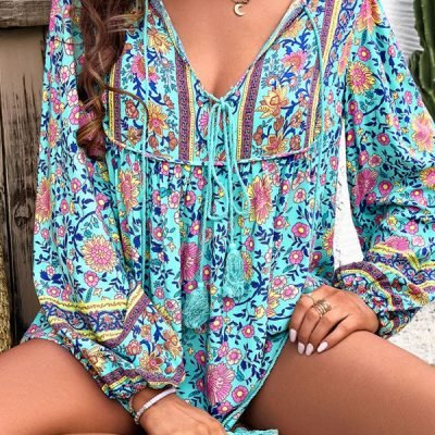 Bohemian Floral Print V Neck Casual Tops