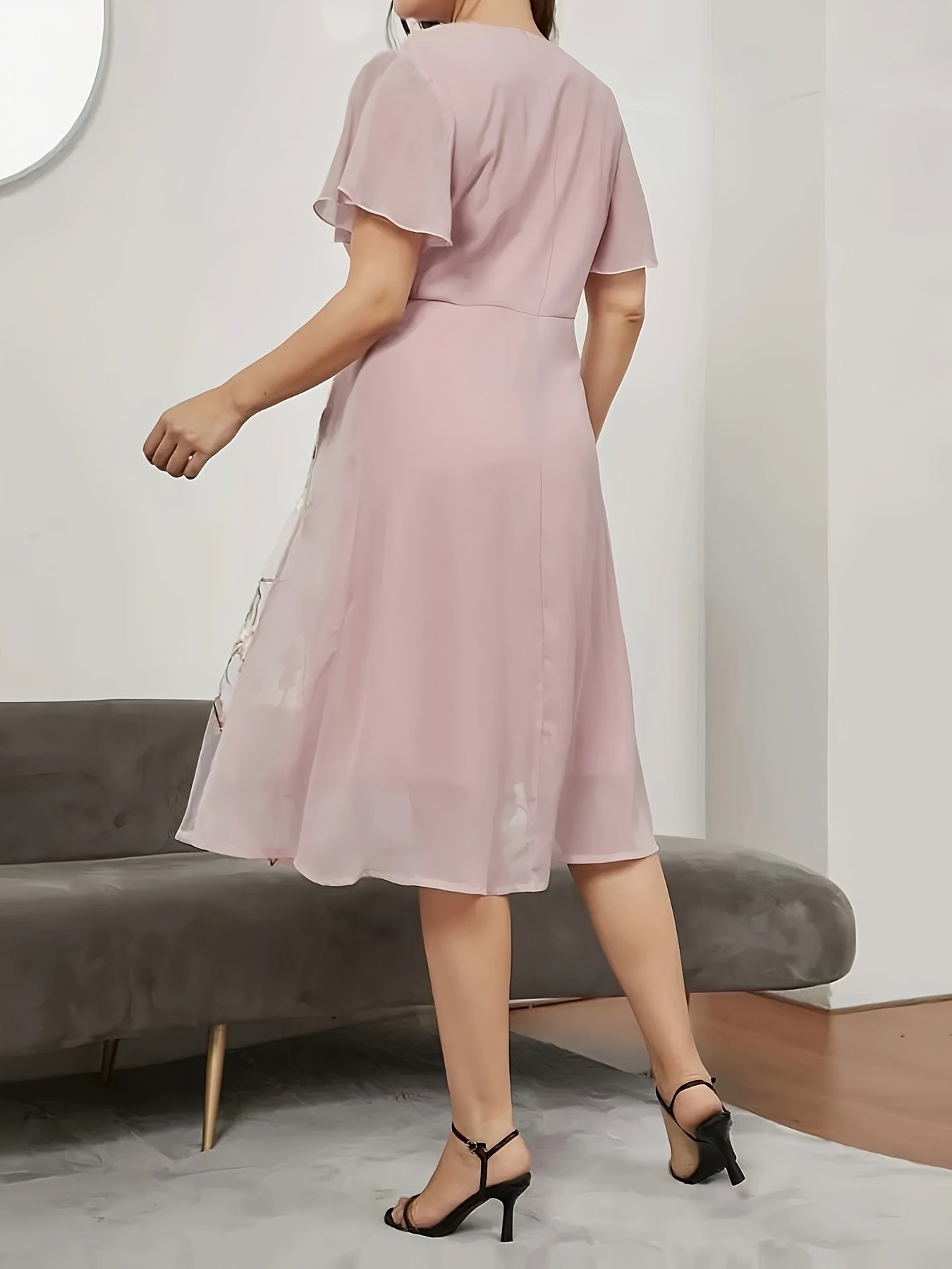 Floral Pattern High Waist Dress, Elegant Surplice Neck Flutter Sleeve Dress, Women??s Clothing For Elegant Dressing - Image 7