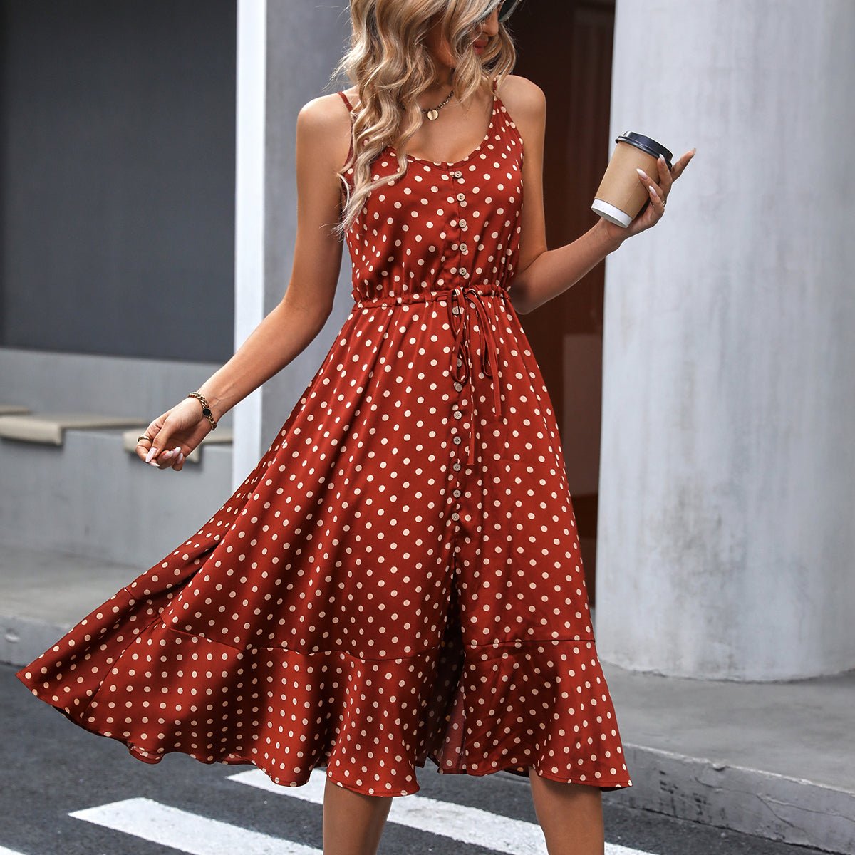 Fashion Dots Print Sleeveless Tie Waist Dress - Image 7