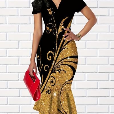 Graphic Print V-neck Dress, Elegant Ruffle Trim Bodycon Dress For Spring & Summer, Women??s Clothing