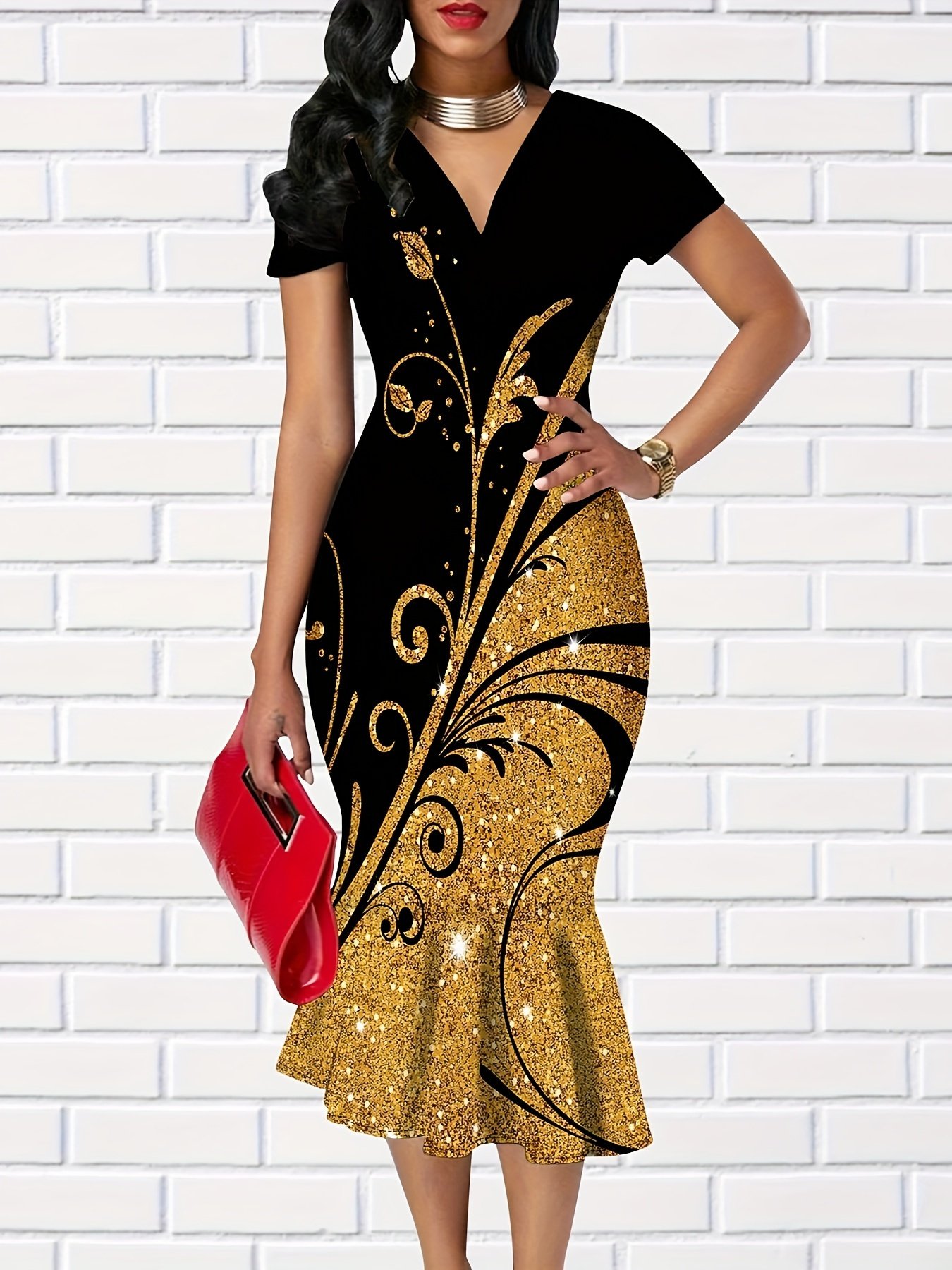 Graphic Print V-neck Dress, Elegant Ruffle Trim Bodycon Dress For Spring & Summer, Women??s Clothing