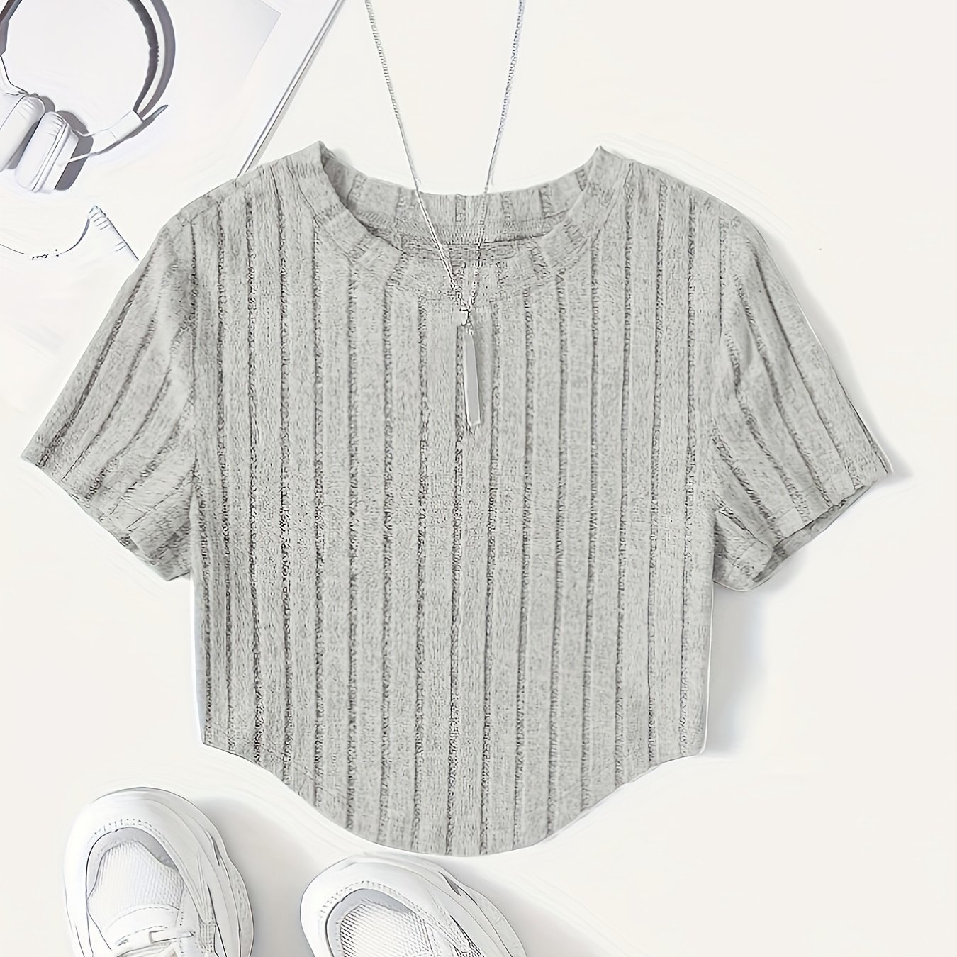 Solid Ribbed Crop T-Shirt, Casual Crew Neck Short Sleeve Top, Women??s Clothing - Image 2