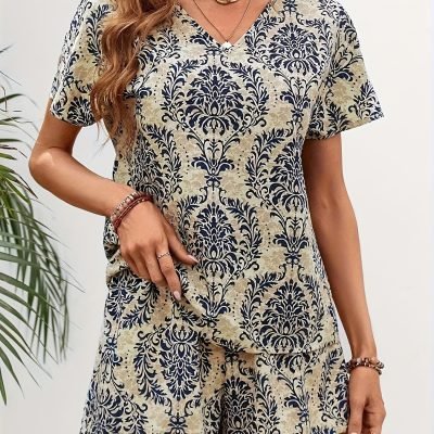 Elegant Ethnic Print Two Pieces, V Neck Short Sleeve Top & High Waist Shorts Outfits, Women??s Clothing