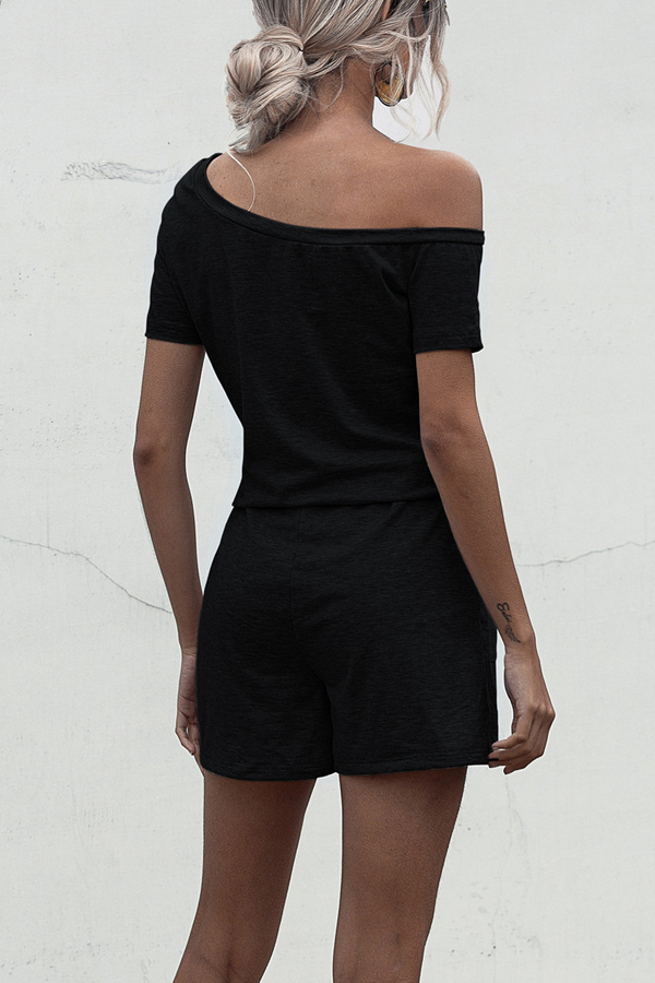 Skew Neck Drawstring Waist Black Rompers - Image 4