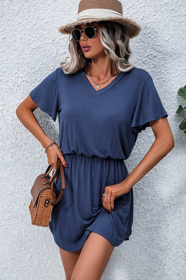 Solid Color V Neck Short Sleeve Casual Mini Dress - Image 3