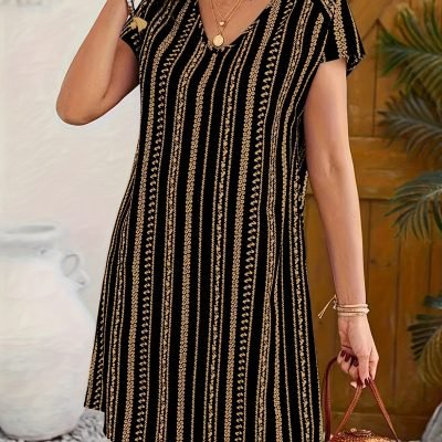 Striped V-neck Dress, Vacation Style Short Sleeve Shift Dress For Spring & Summer, Women??s Clothing