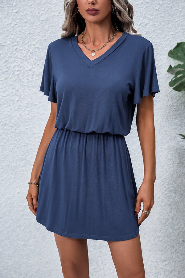 Solid Color V Neck Short Sleeve Casual Mini Dress - Image 4