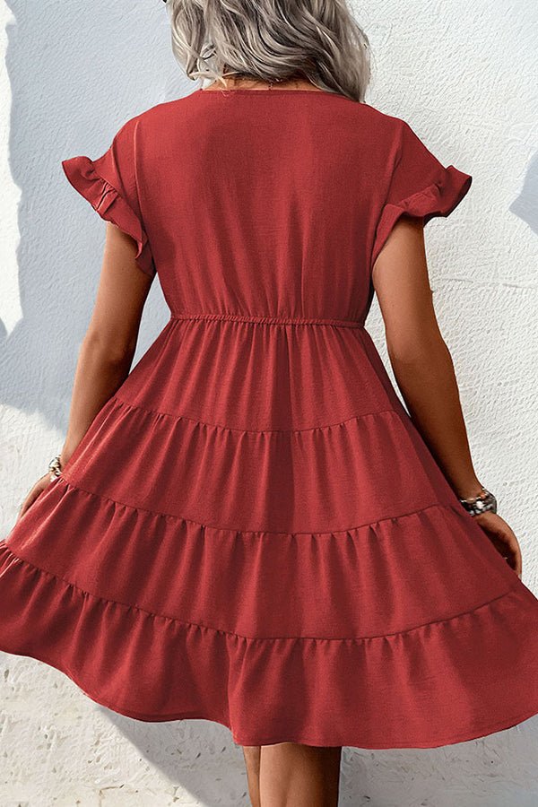 V Neck Ruffle Hem Short Sleeve Casual Dress - Image 5