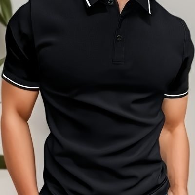 Men??s Trendy Color Block Short Sleeve Button Up Lapel Shirt For Summer Daily, Perfect For Golf & Tennis Outdoor Sports, Stylish Collared Top
