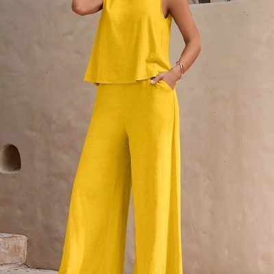 Solid Elegant Two-piece Set, Sleeveless Tank Top & Wide Leg Loose Pants Outfits, Women??s Clothing