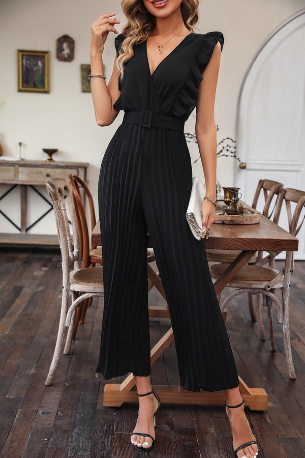 Ruffle Hem Solid Color V Neck Jumpsuit - Image 4