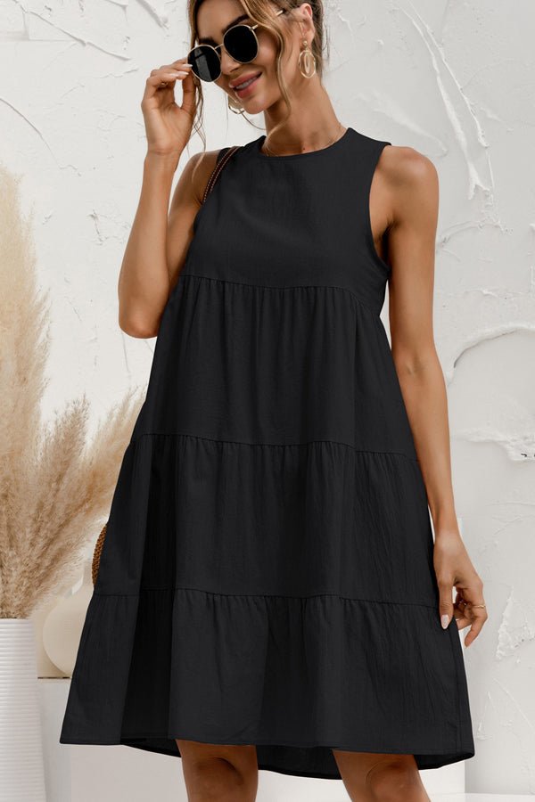 Round Neck Solid Ruched Sleeveless Mini Dress - Image 2