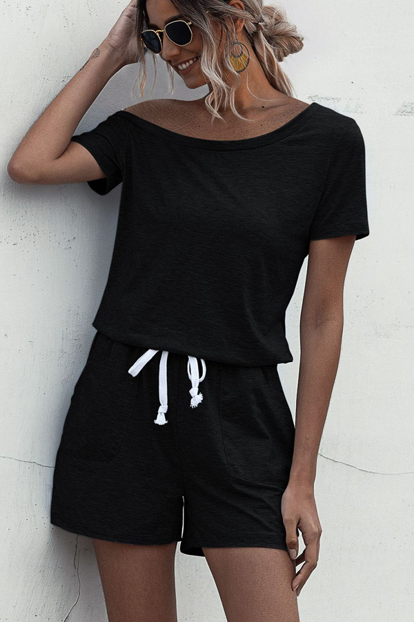 Skew Neck Drawstring Waist Black Rompers - Image 7