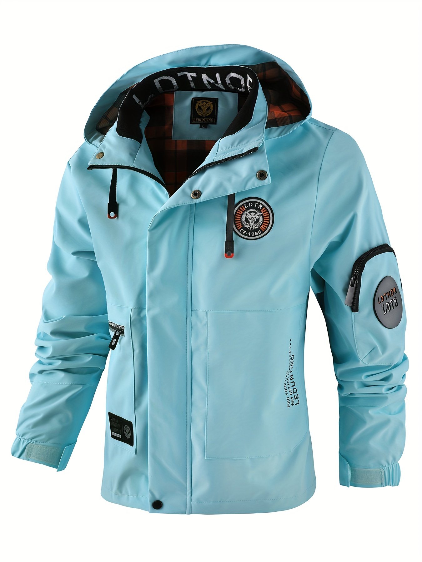 Multiple Pocket Design Men??s Embroidery Long Sleeve Zip Up Drawstring Hooded Jacket, Men??s Stand Collar Thin Jacket For Spring Outdoor