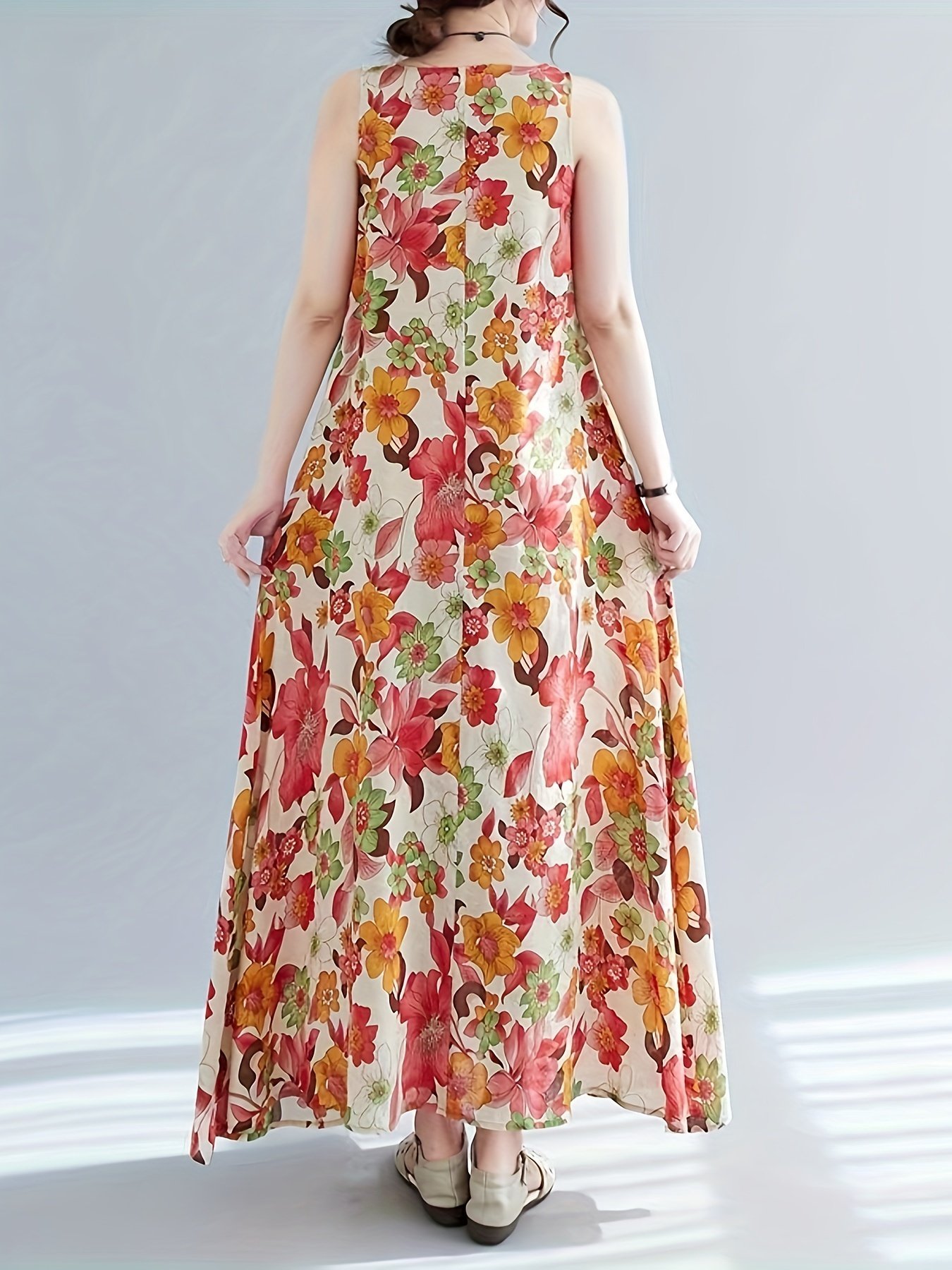 Floral Print Crew Neck Dress, Elegant Sleeveless Dress For Spring & Summer, Women??s Clothing - Image 4