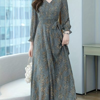 Floral Pattern Midi Dress, Vintage V Neck Long Sleeve Dress, Women??s Clothing