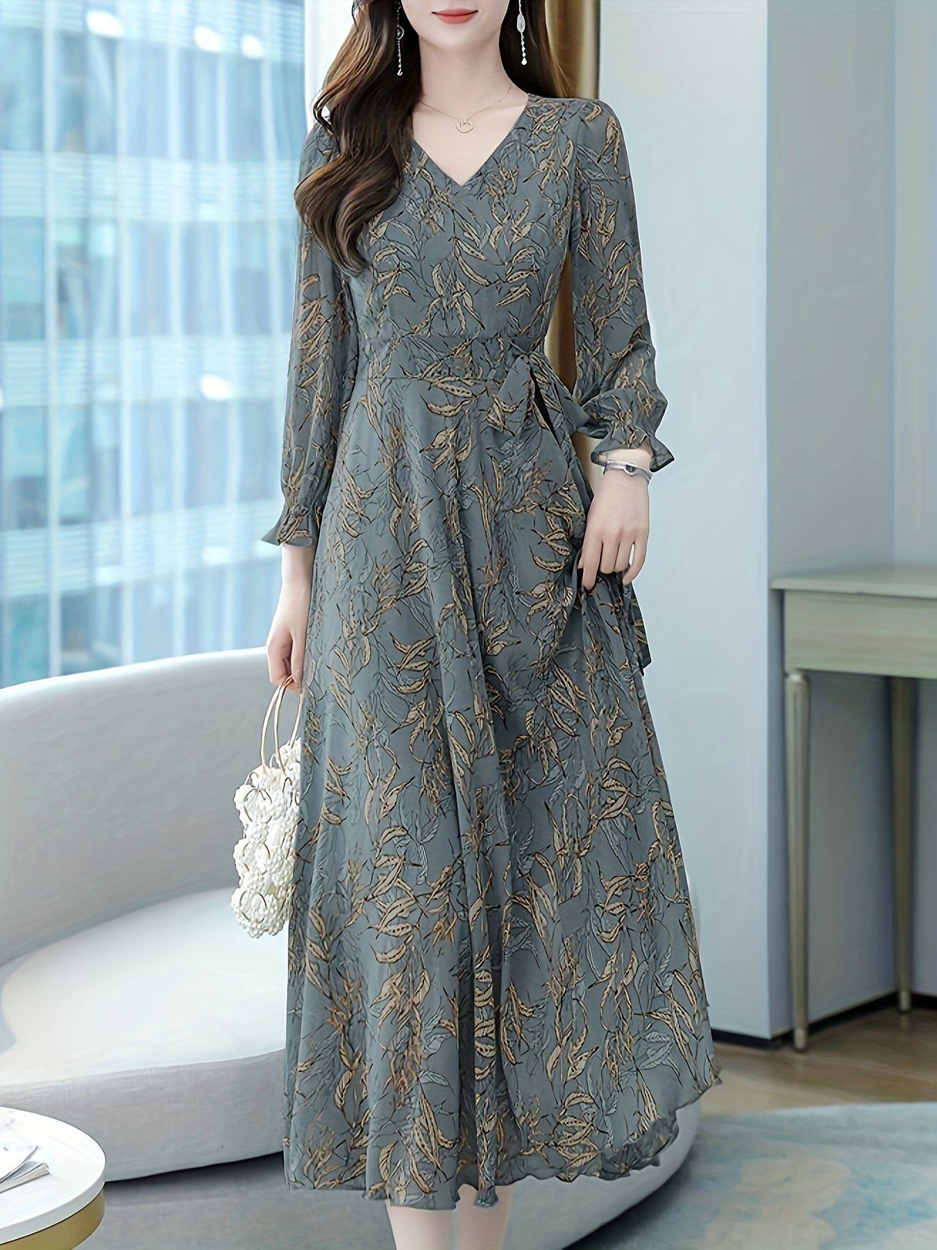 Floral Pattern Midi Dress, Vintage V Neck Long Sleeve Dress, Women??s Clothing