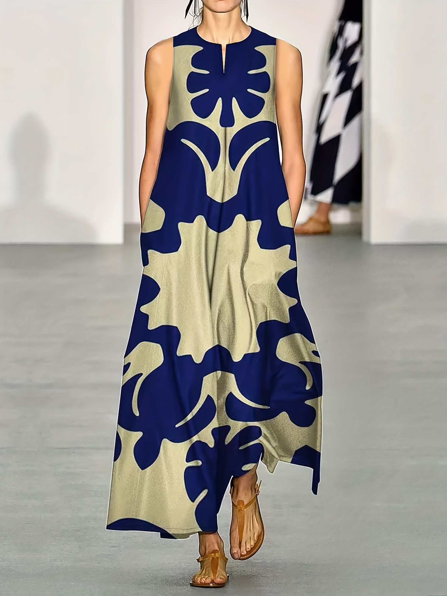 Graphic Print V Neck Maxi Dress, Boho Sleeveless Tank Dress For Spring & Summer, Women??s Clothing