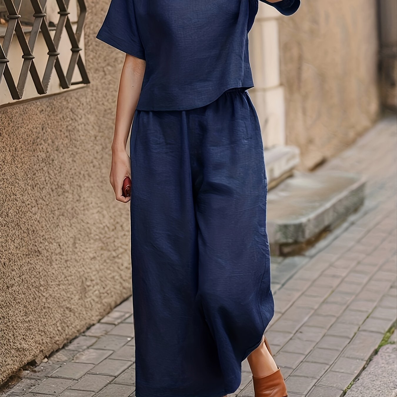 Solid Two-piece Set, Crew Neck Casual T-Shirt & Wide Leg Pants, Women??s Clothing - Image 3