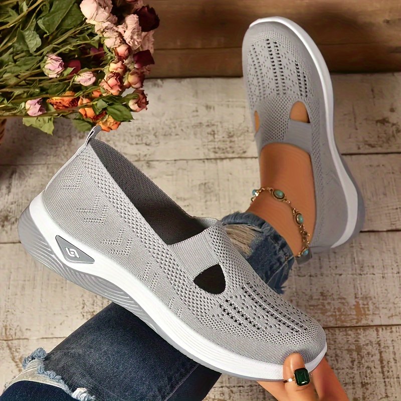 Women??s Solid Color Sneakers, Breathable Knit Slip On Outdoor Shoes, Lightweight Low Top Shoes - Image 12