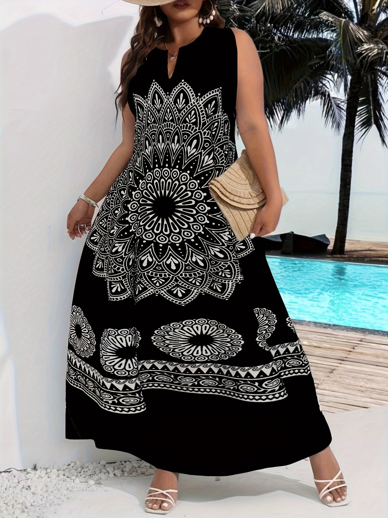 Mandala Floral Print Maxi Dress, Elegant Notched Neck Sleeveless Dress, Women??s Clothing - Image 5
