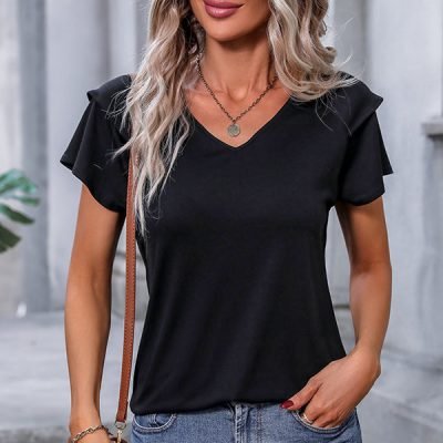 V Neck Ruffle Sleeve Solid Casual Tops