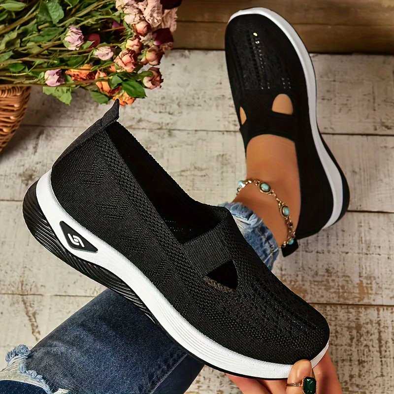Women??s Solid Color Sneakers, Breathable Knit Slip On Outdoor Shoes, Lightweight Low Top Shoes - Image 11