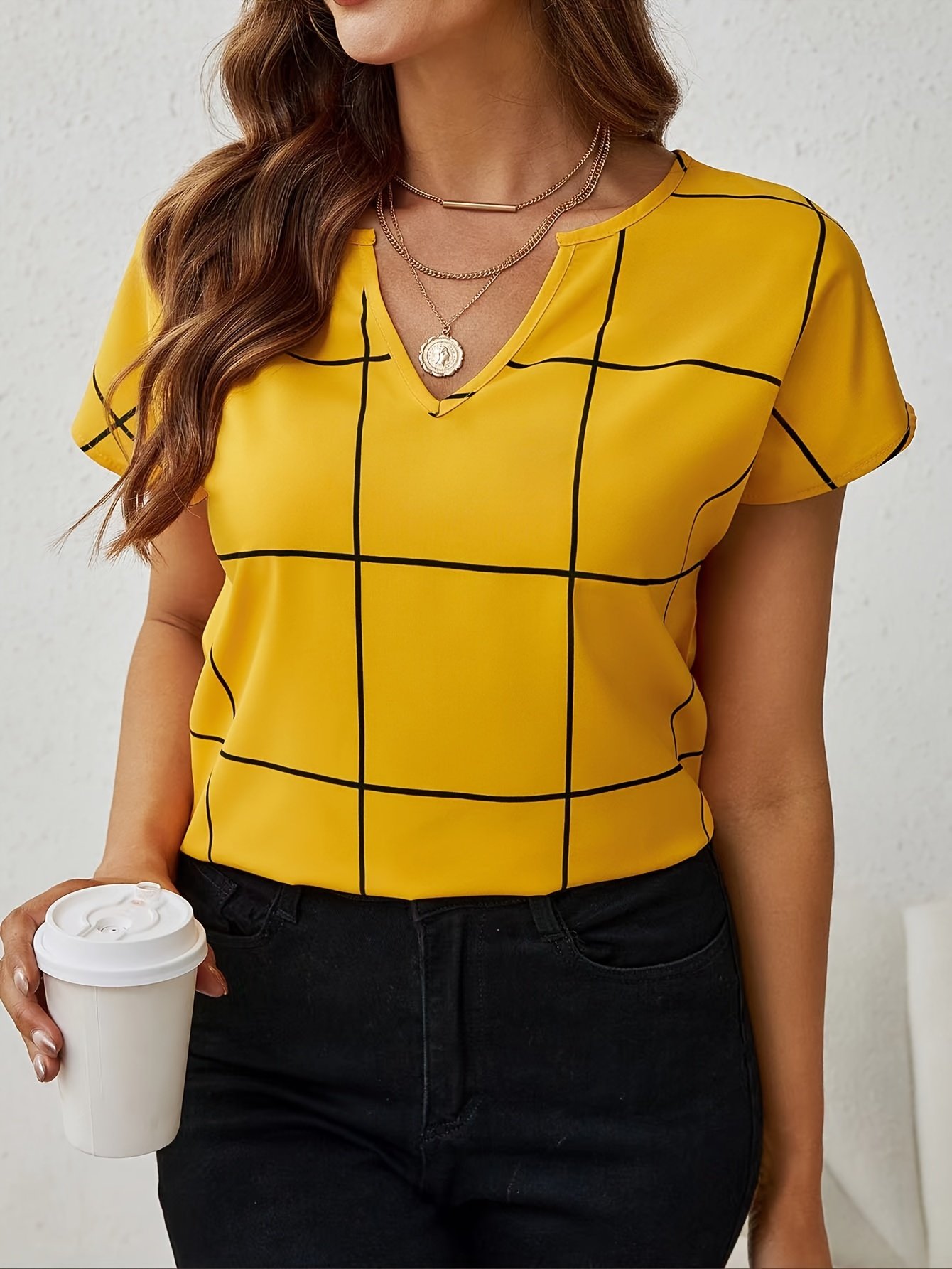 Plaid Print Notched Neck Blouse, Casual Short Sleeve Blouse For Spring & Summer, Women??s Clothing - Image 7
