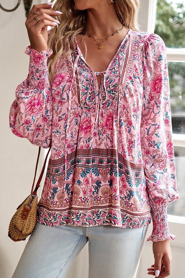 V Neck Floral Print Long Sleeve Casual Tops - Image 2
