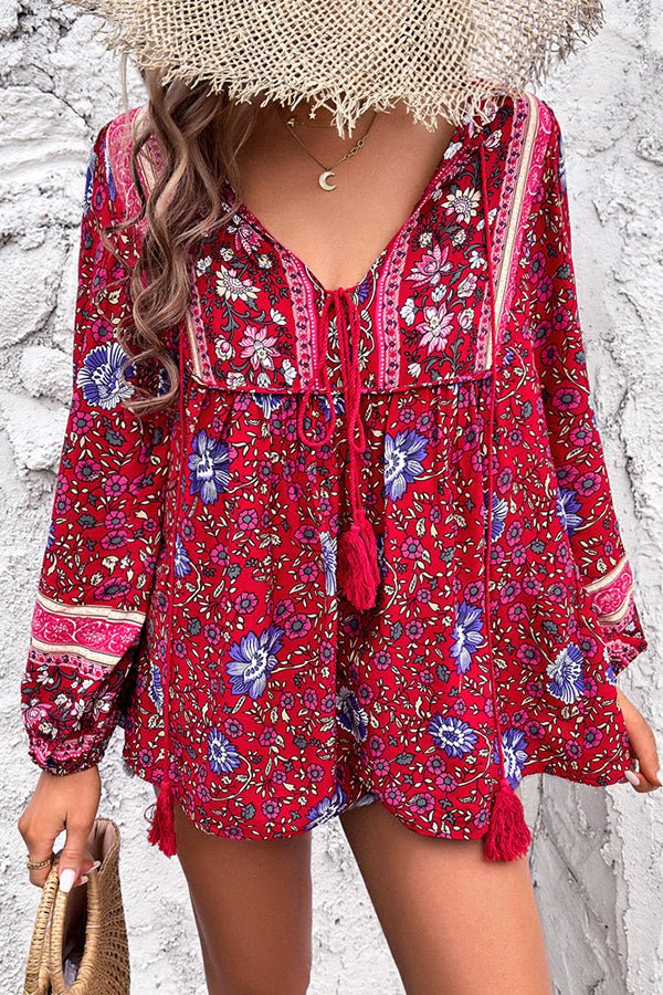 Bohemian Floral Print V Neck Casual Tops - Image 2