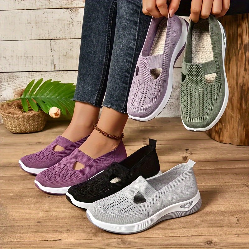 Women??s Solid Color Sneakers, Breathable Knit Slip On Outdoor Shoes, Lightweight Low Top Shoes