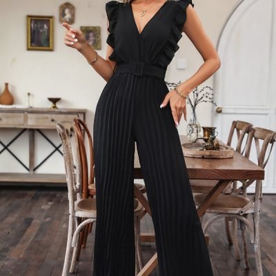 Ruffle Hem Solid Color V Neck Jumpsuit