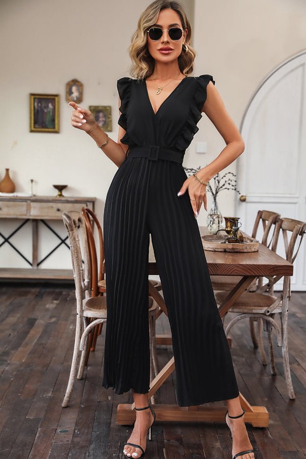 Ruffle Hem Solid Color V Neck Jumpsuit