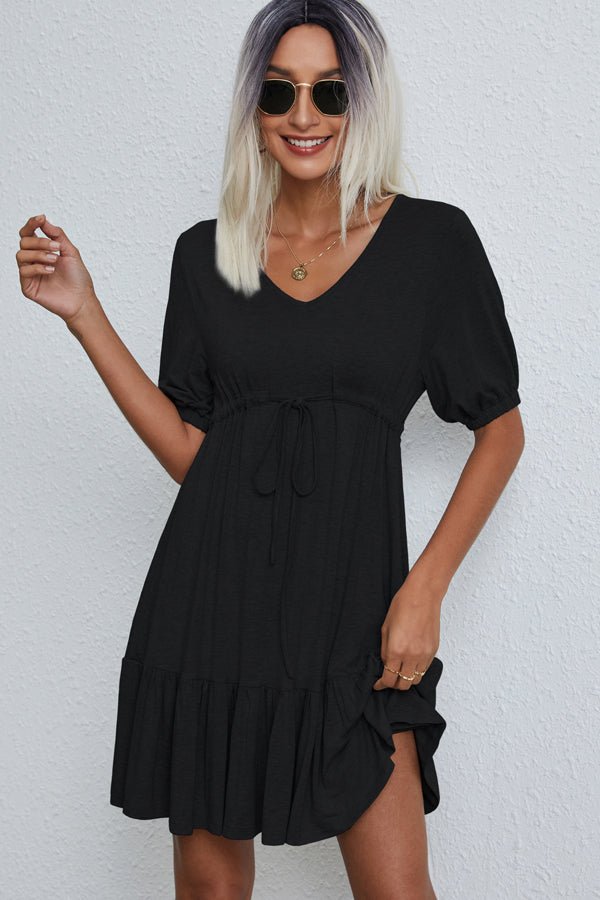 V Neck Drawstring Waist Solid Casual Mini Dress - Image 2