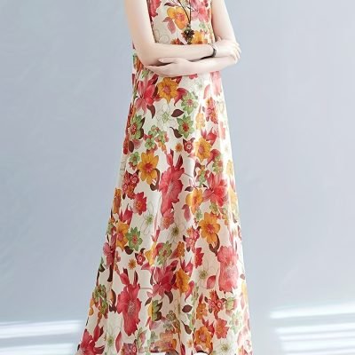 Floral Print Crew Neck Dress, Elegant Sleeveless Dress For Spring & Summer, Women??s Clothing