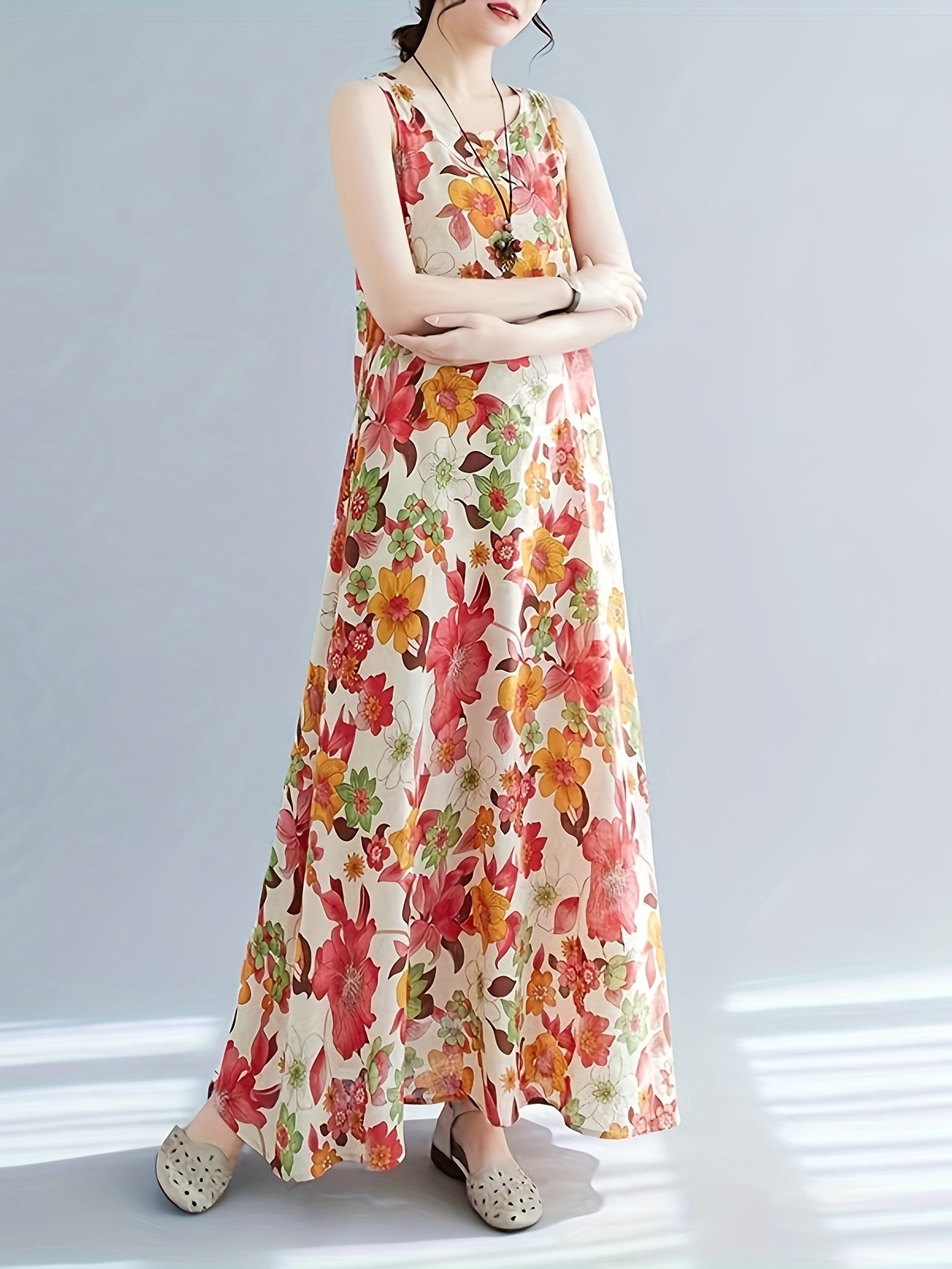 Floral Print Crew Neck Dress, Elegant Sleeveless Dress For Spring & Summer, Women??s Clothing