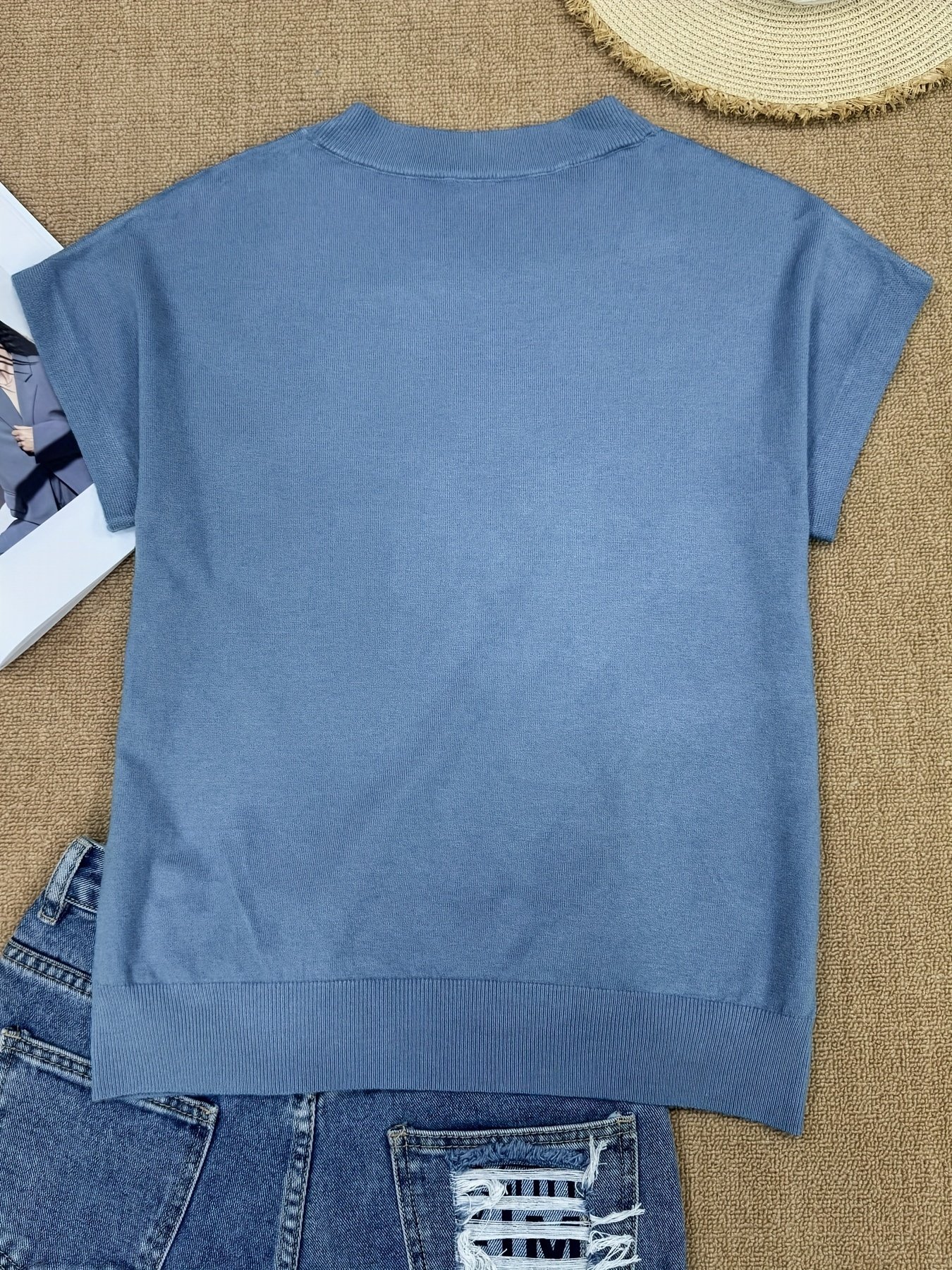 Solid Color Crew Neck Pullover Sweater, Casual Short Sleeve Ribbed Knitted Sweater For Every Day, Women??s Clothing - Image 10
