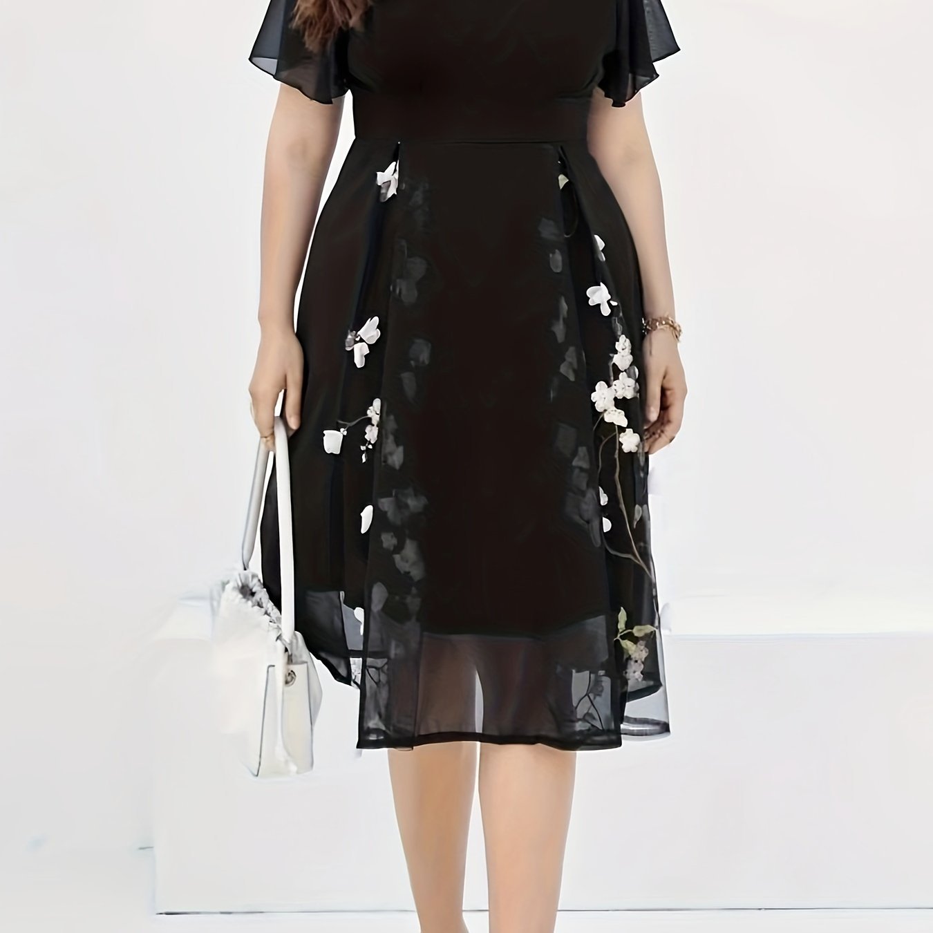 Floral Pattern High Waist Dress, Elegant Surplice Neck Flutter Sleeve Dress, Women??s Clothing For Elegant Dressing - Image 2
