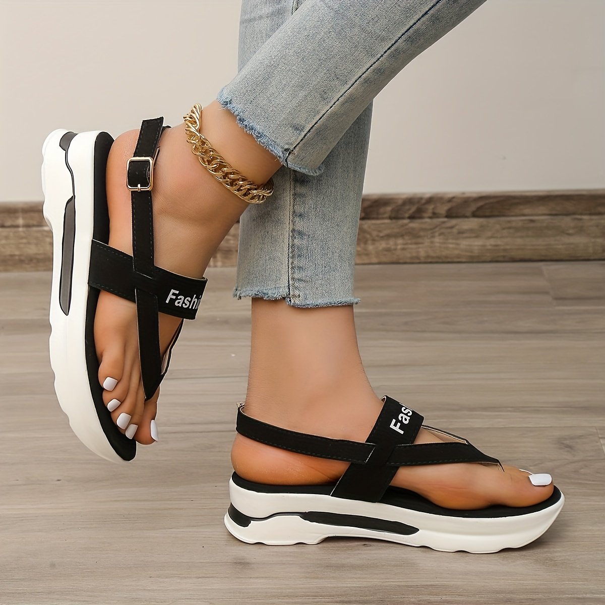 Women??s Platform Thong Sandals, Solid Color Letter Buckle Strap Slingback Shoes, Outdoor Summer Sandals - Image 8