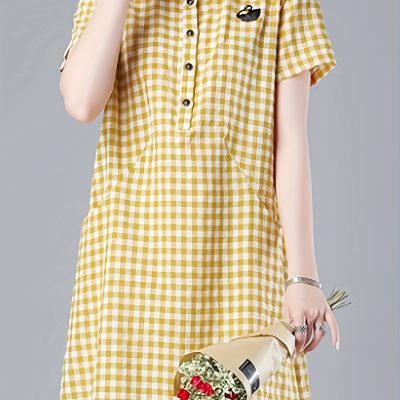 Plaid Print Button Up With Pocket Dress, Casual Short Sleeve Loose Dress For Spring & Summer, Women??s Clothing