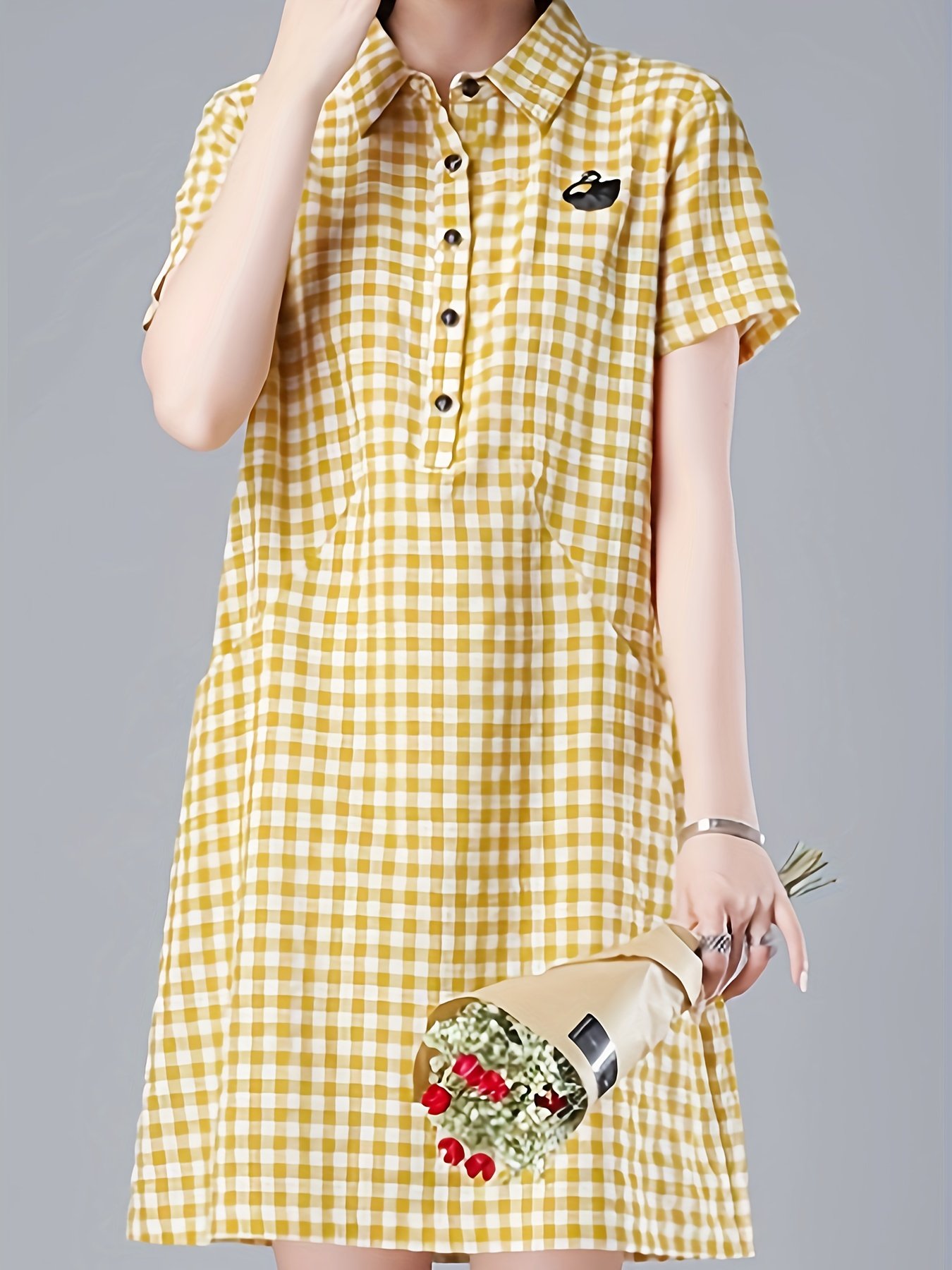 Plaid Print Button Up With Pocket Dress, Casual Short Sleeve Loose Dress For Spring & Summer, Women??s Clothing
