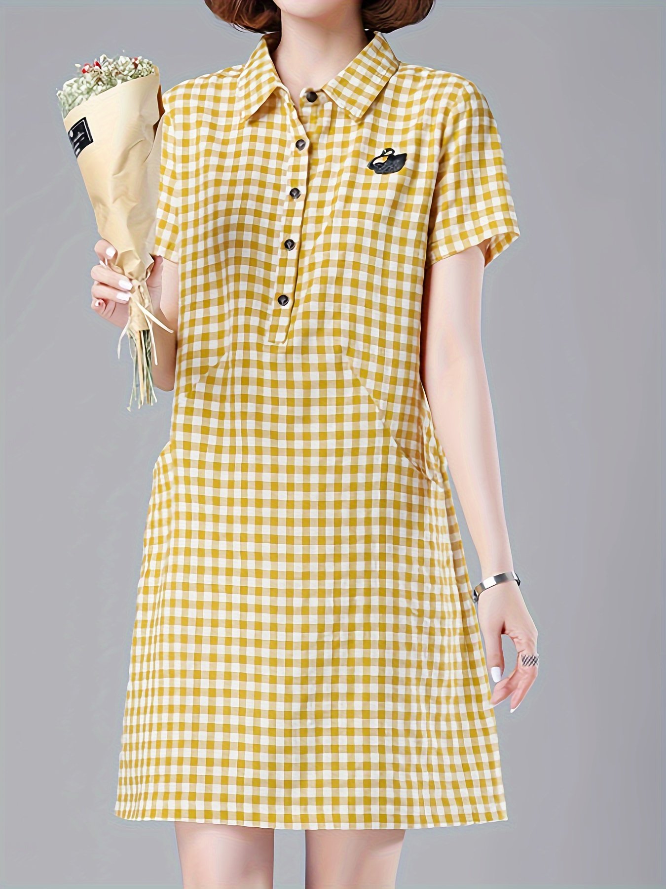 Plaid Print Button Up With Pocket Dress, Casual Short Sleeve Loose Dress For Spring & Summer, Women??s Clothing - Image 5