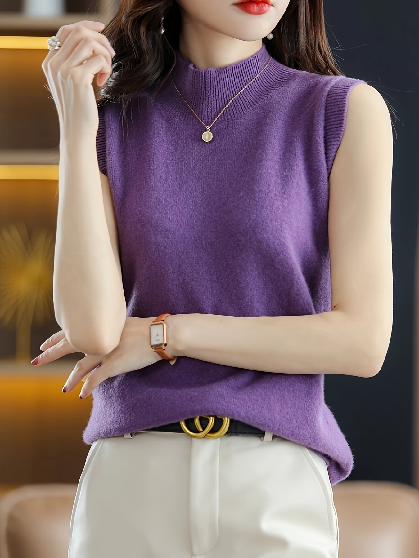 Solid Knit Mock Neck Tank Top, Casual Sleeveless Tank Top, Women??s Clothing - Image 13
